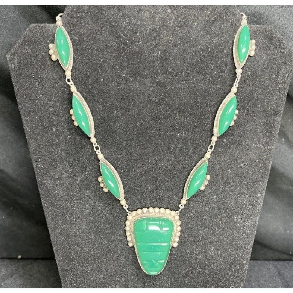 Vintage Mexican Sterling Silver Chrysoprase Mask Necklace 20” 61g
